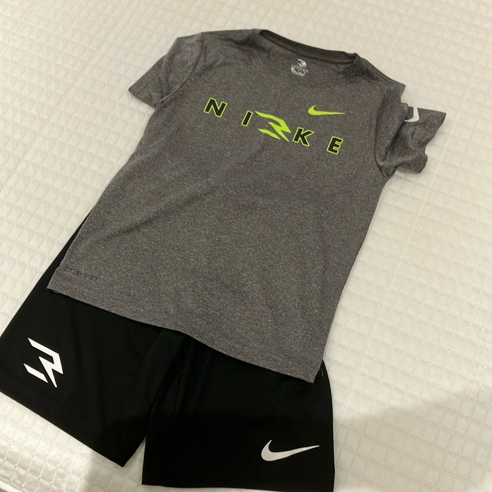 Nike Gray Tee and Black Shorts Set with Neon Accents